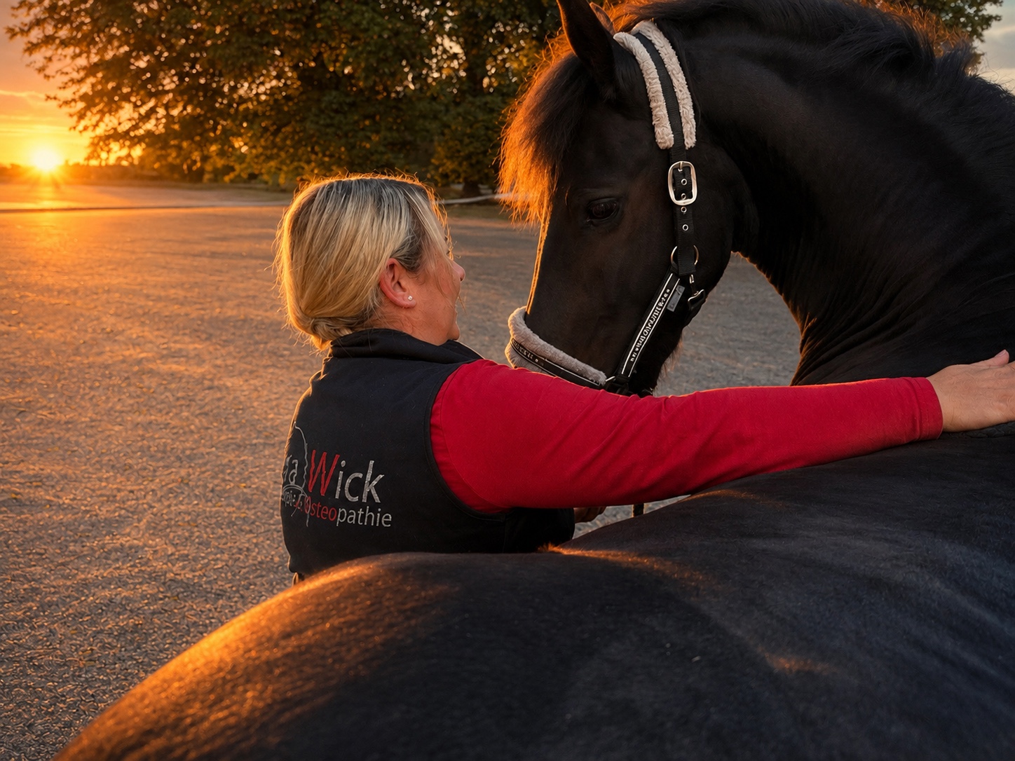 Carina mit einem schwarzen Pferd im warmen Abendlicht